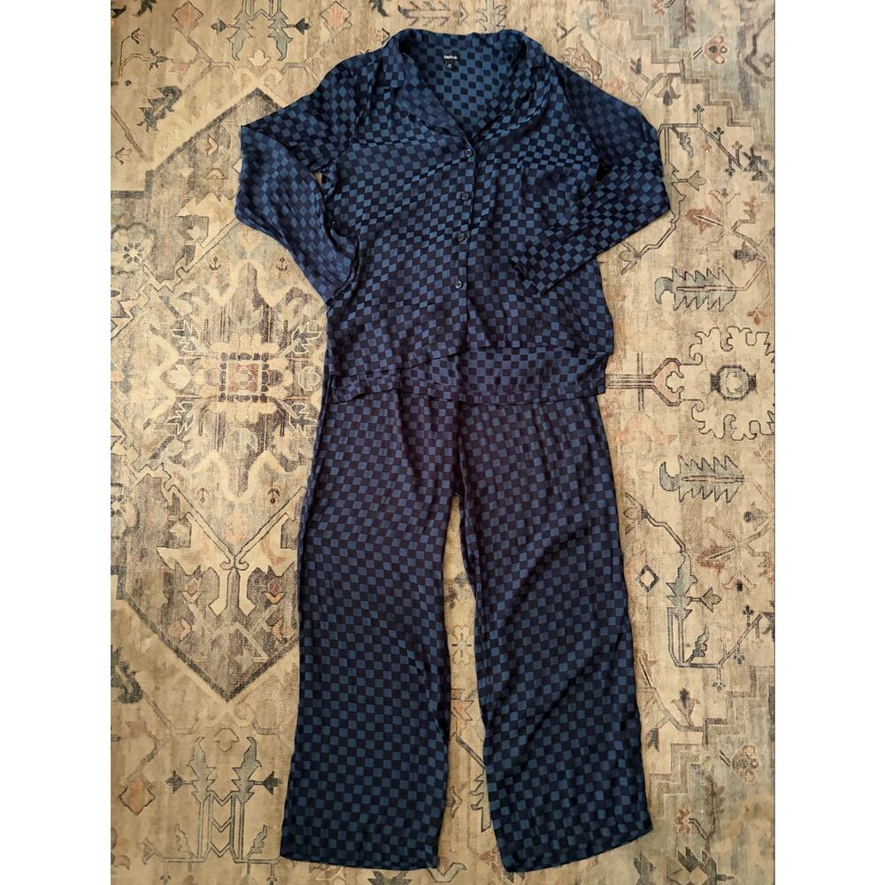 GapBody Satin Pajama Set Womens M Navy Checkerboard Button Top Wide Leg Pants